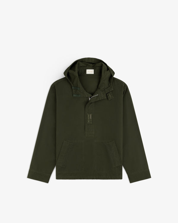 Garment Washed Anorak in olive green with a hooded half-zip closure and front patch pockets.