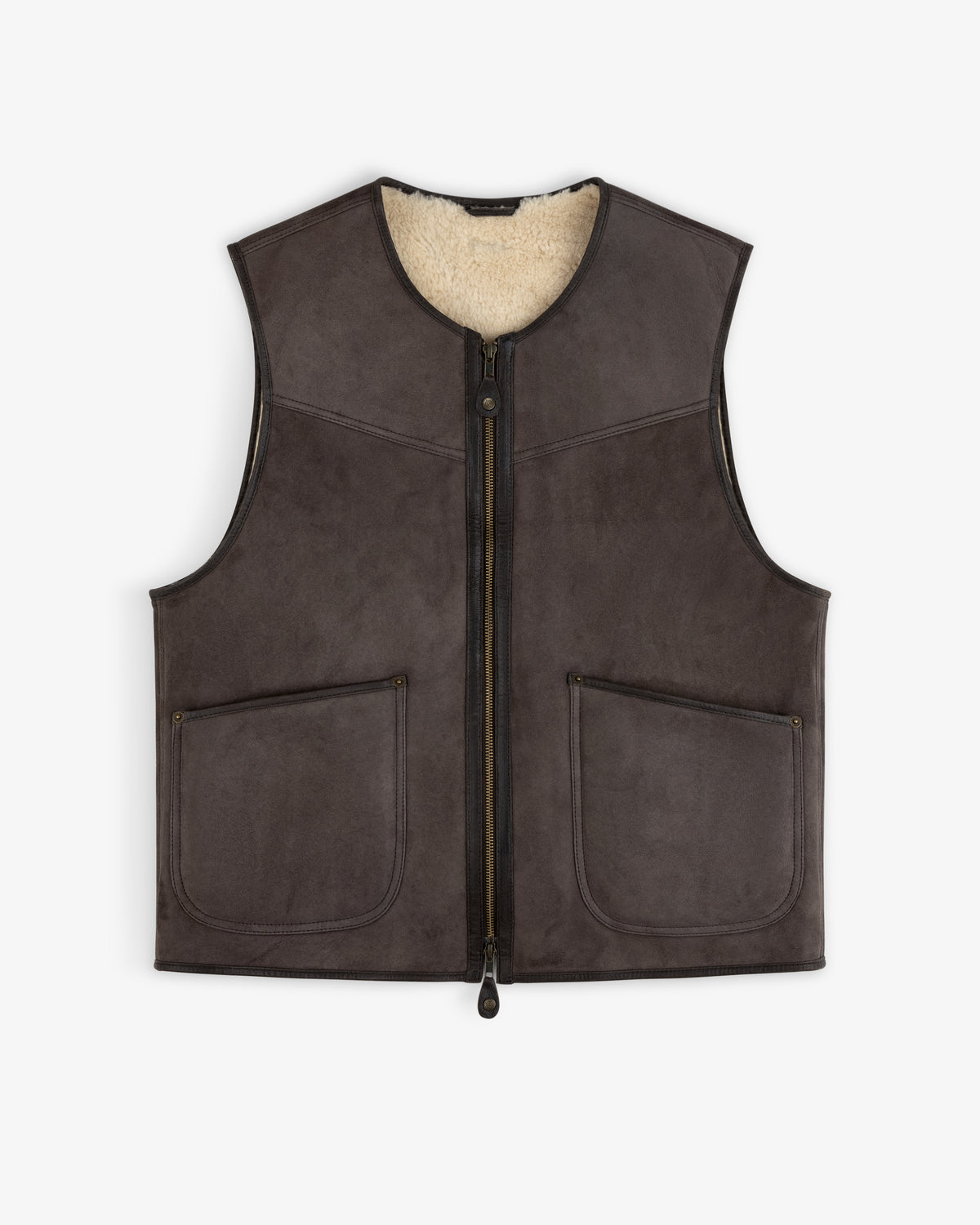 Shearling Biker Vest: dark brown sleeveless jacket with a cream-colored fuzzy lining and two front pockets.