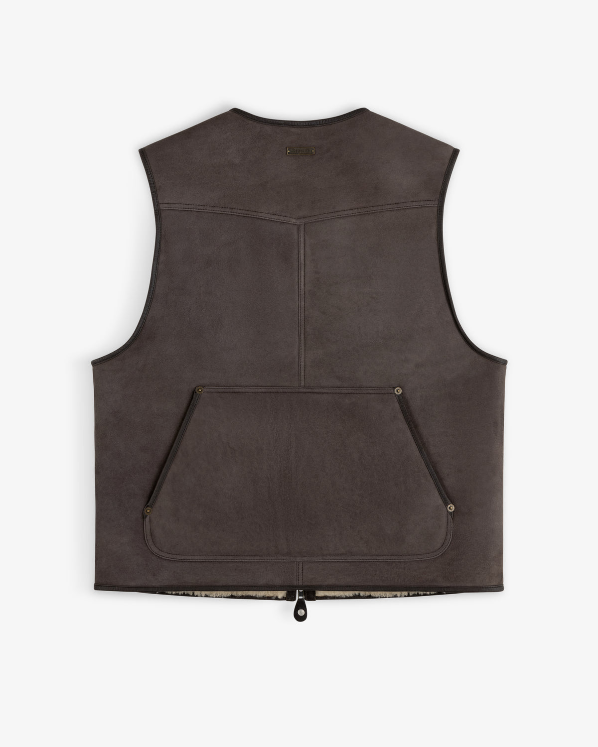 Back view of a dark brown Shearling Biker Vest with a large pocket and exposed shearling lining at the hem.