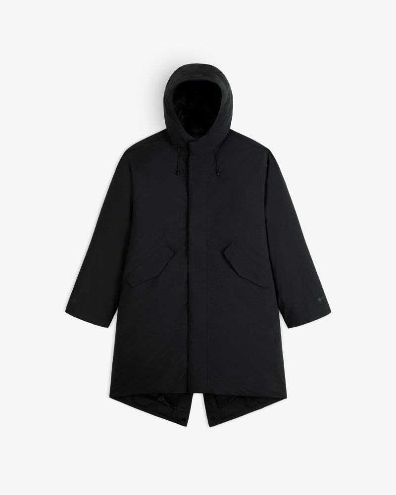 Black GORE-TEX Down Filled Fishtail Parka with a hooded design, buttoned placket, and side pockets.