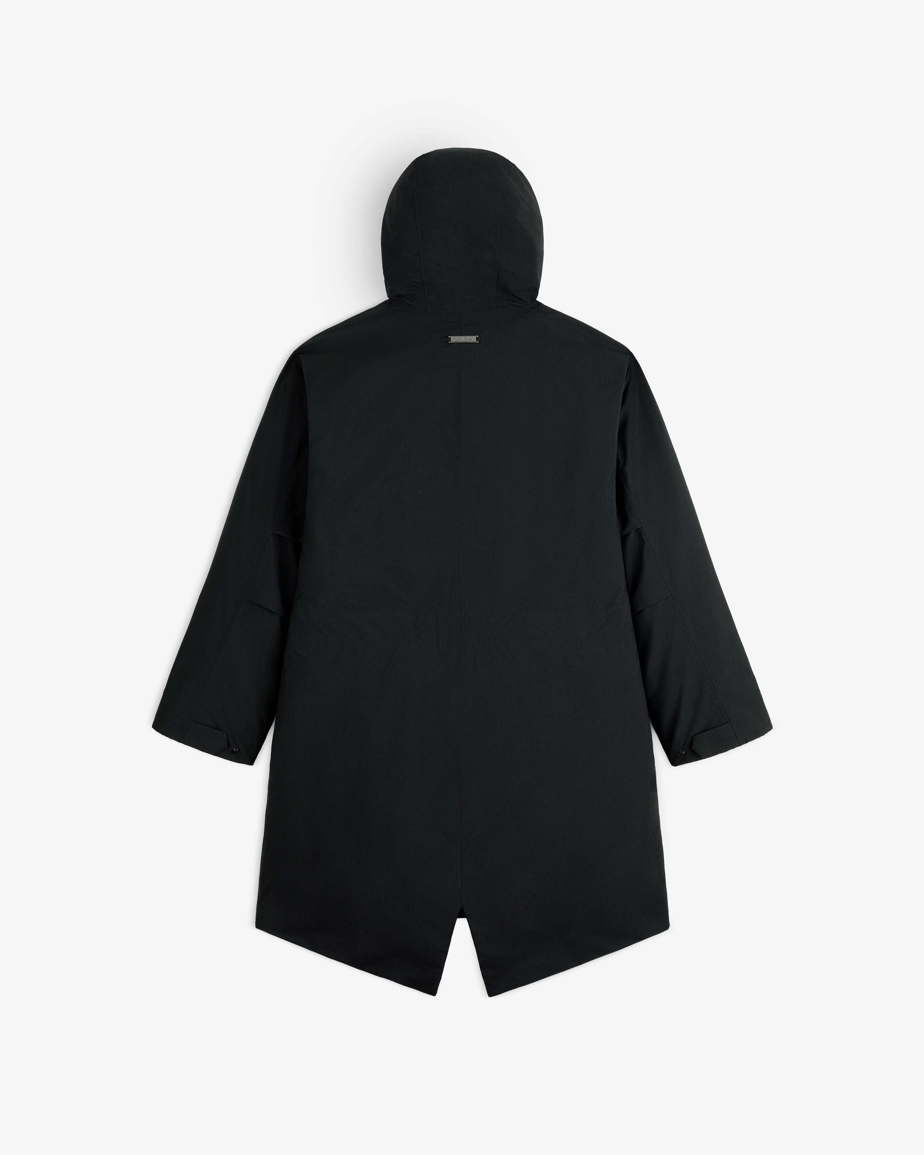 Back view of a black GORE-TEX Down Filled Fishtail Parka with a fishtail hem.