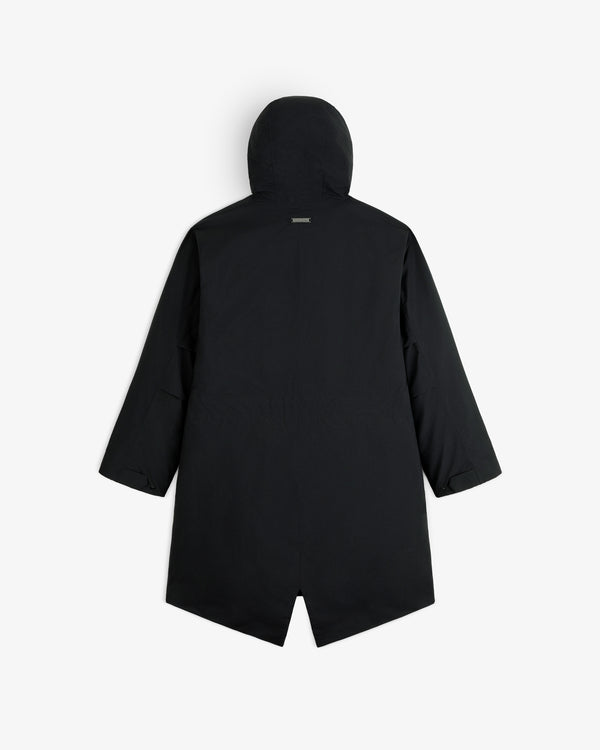 Back view of a black GORE-TEX Down Filled Fishtail Parka with a fishtail hem.