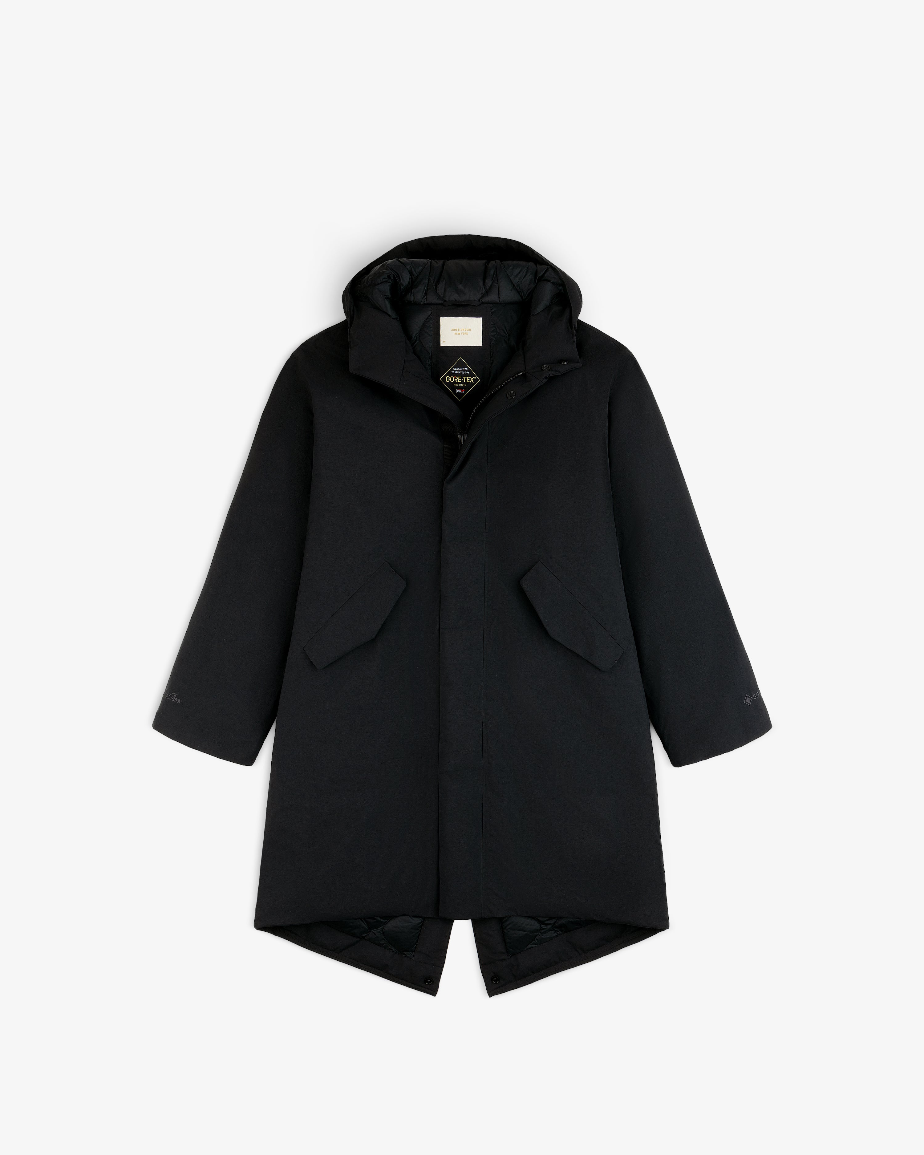 Black GORE-TEX Down Filled Fishtail Parka with a hood, fishtail hem, and front flap pockets.
