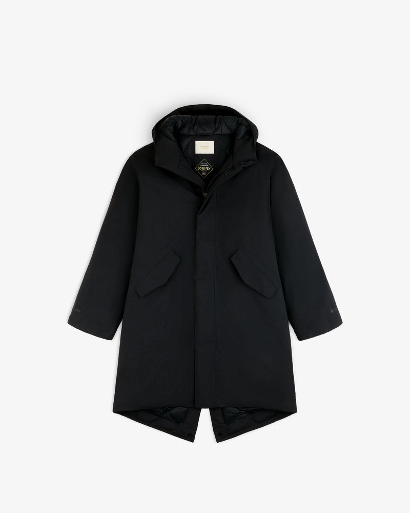 Black GORE-TEX Down Filled Fishtail Parka with a hood, fishtail hem, and front flap pockets.