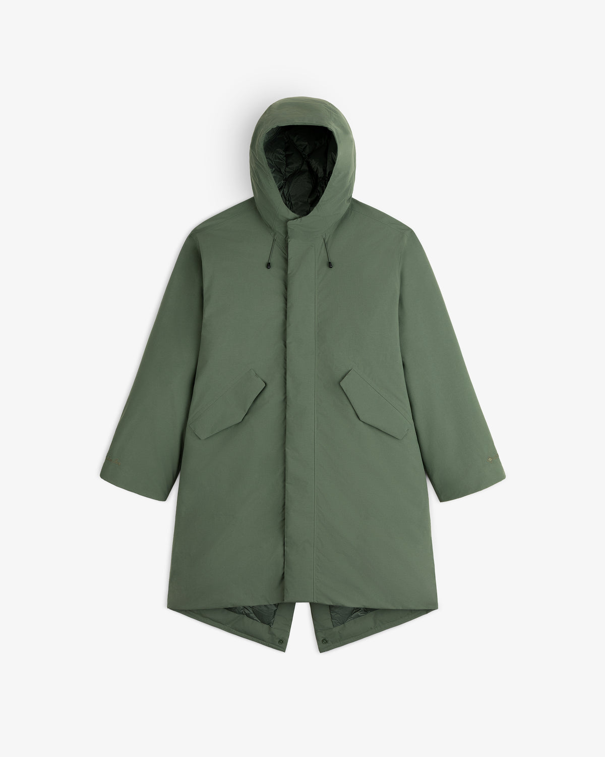 Olive green GORE-TEX Down Filled Fishtail Parka with a fishtail hem and two front flap pockets.
