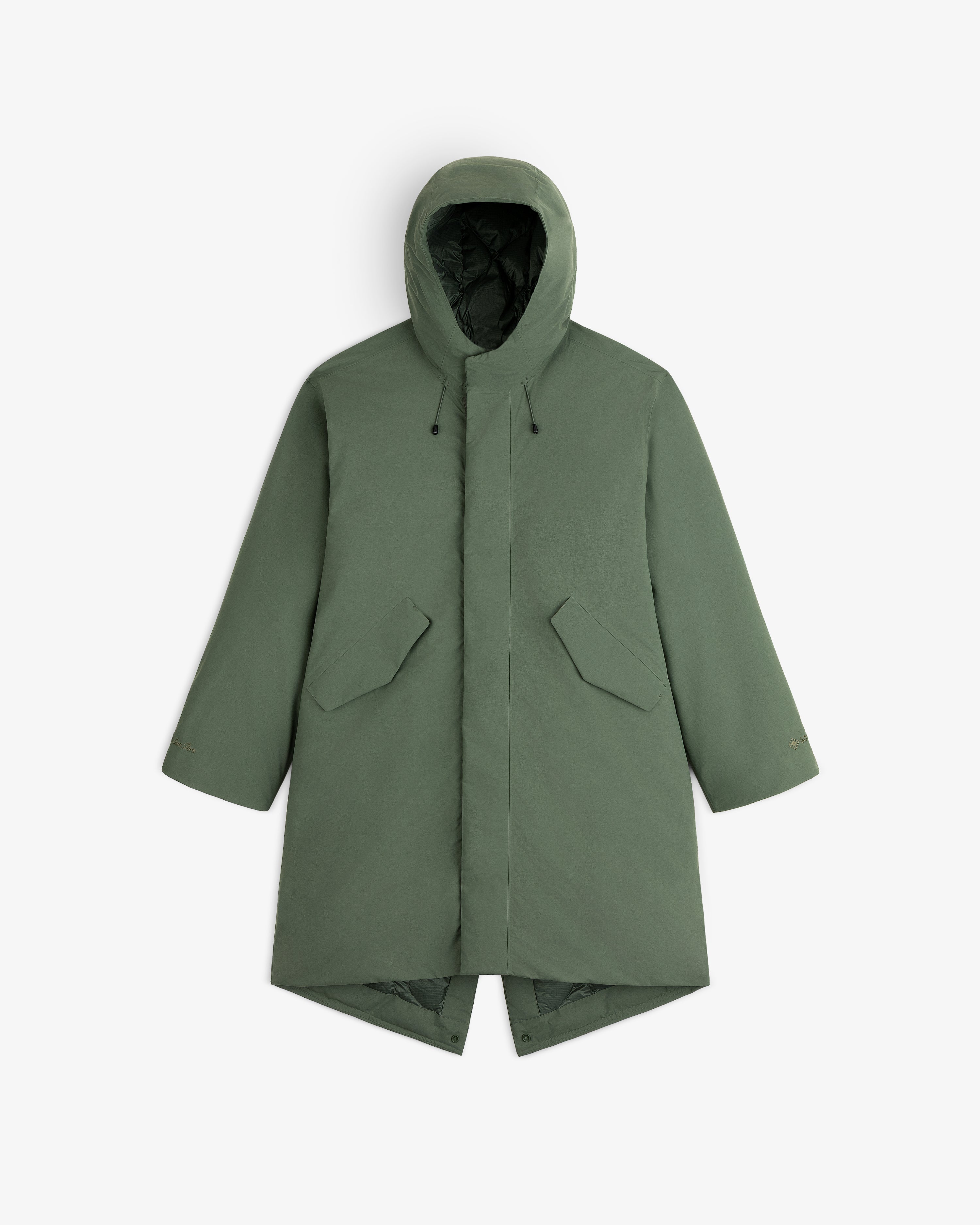 Olive green GORE-TEX Down Filled Fishtail Parka with a fishtail hem and two front flap pockets.