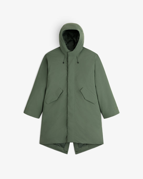 Olive green GORE-TEX Down Filled Fishtail Parka with a fishtail hem and two front flap pockets.