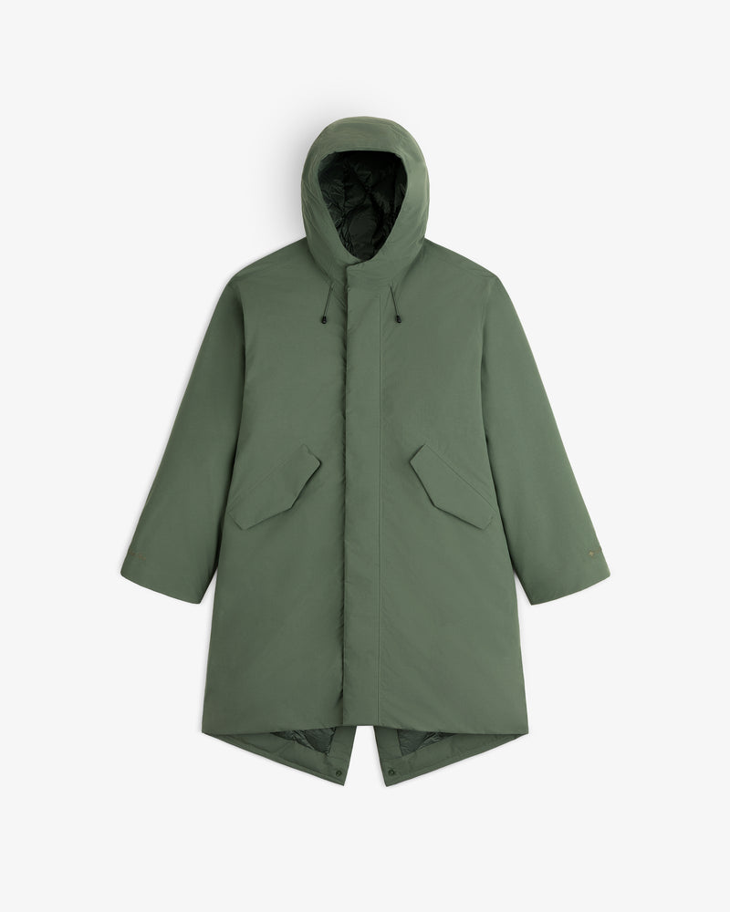 Olive green GORE-TEX Down Filled Fishtail Parka with a fishtail hem and two front flap pockets.