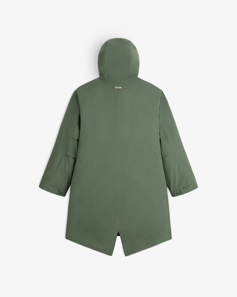 Back view of an olive green GORE-TEX Down Filled Fishtail Parka with a hood and fishtail hem.