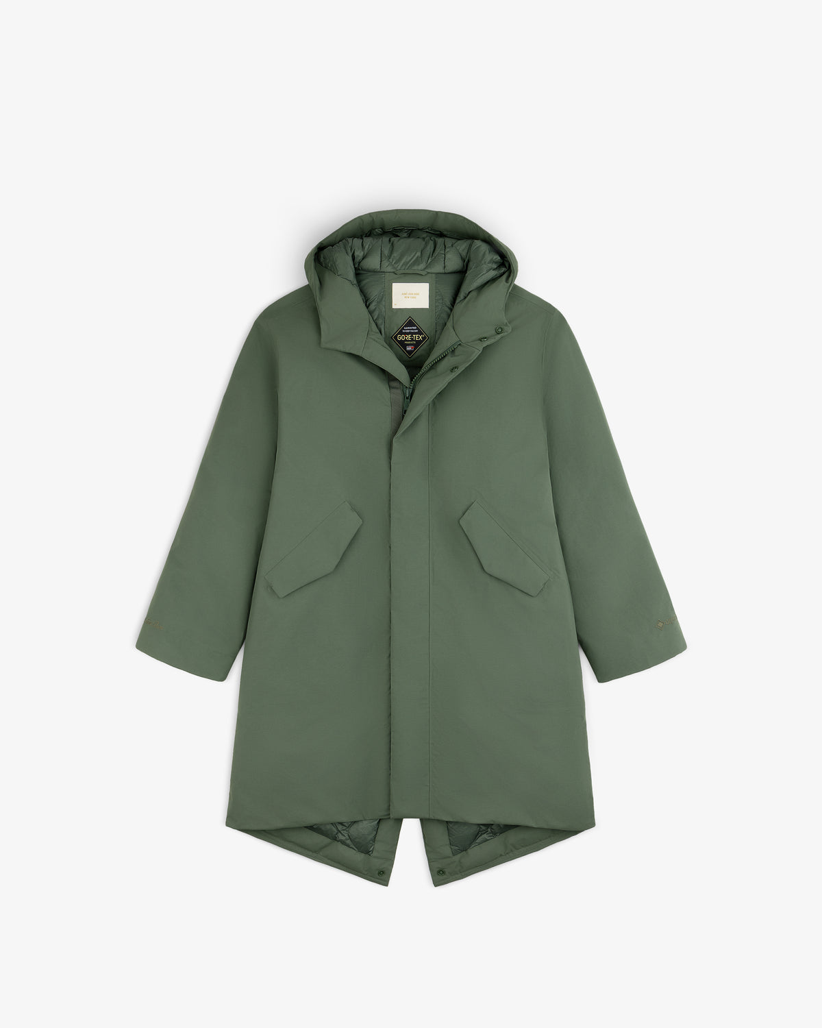 Olive green GORE-TEX Down Filled Fishtail Parka with a hooded design, fishtail hem, and branding on the inner collar.