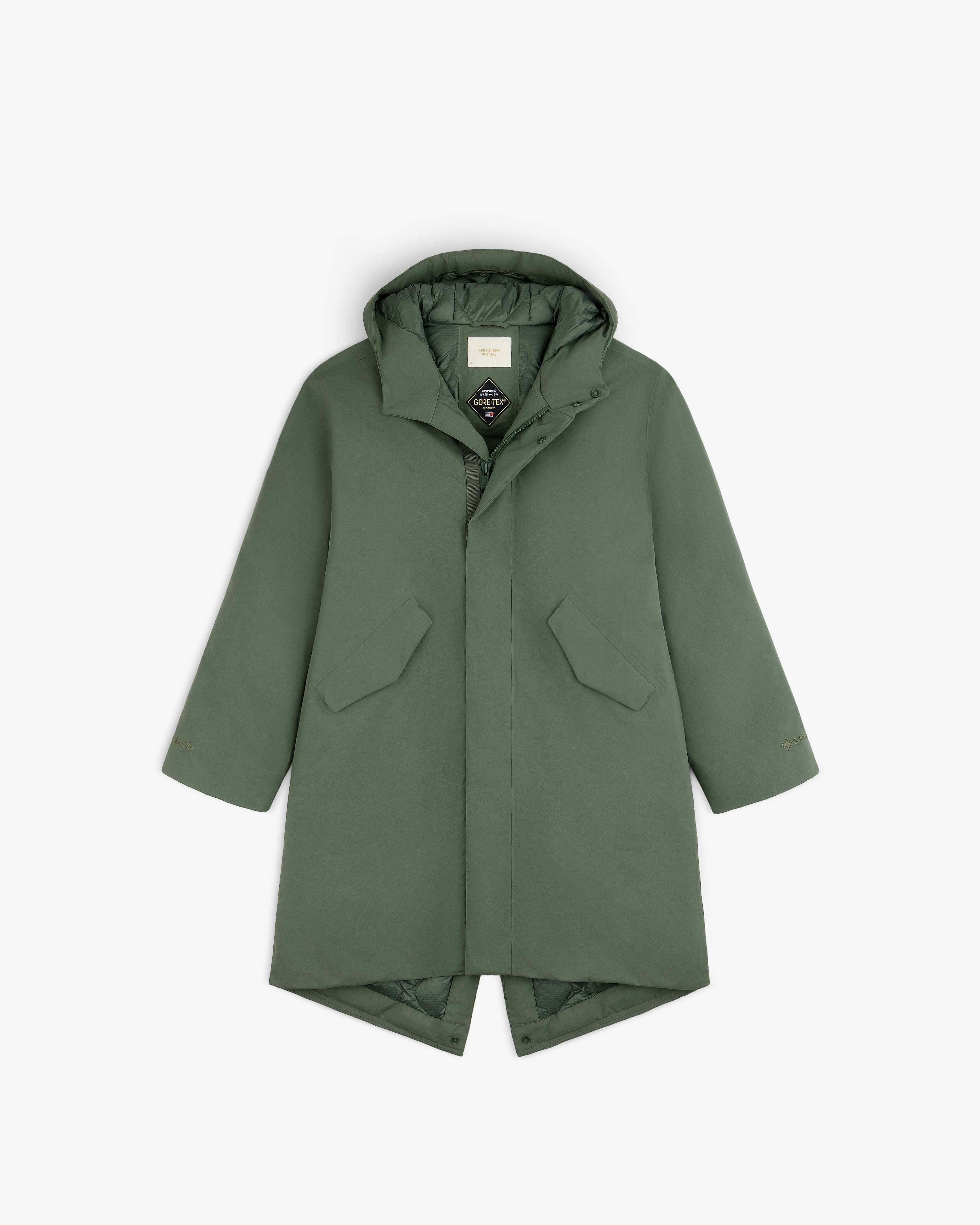 Olive green GORE-TEX Down Filled Fishtail Parka with a hooded design, fishtail hem, and branding on the inner collar.