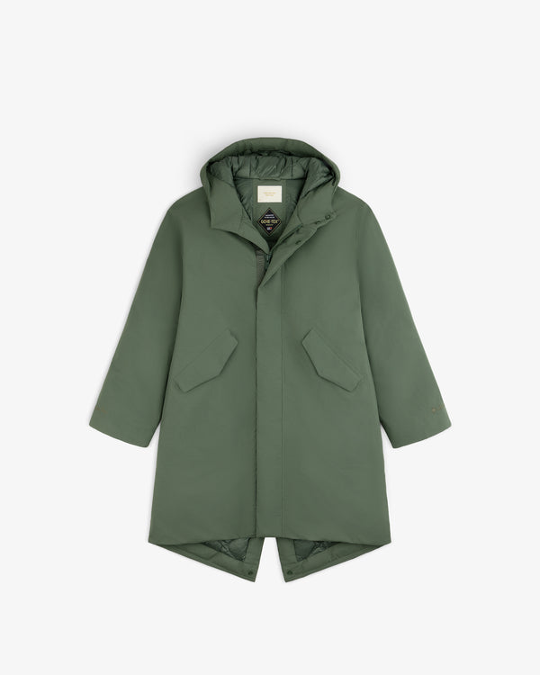 Olive green GORE-TEX Down Filled Fishtail Parka with a hooded design, fishtail hem, and branding on the inner collar.