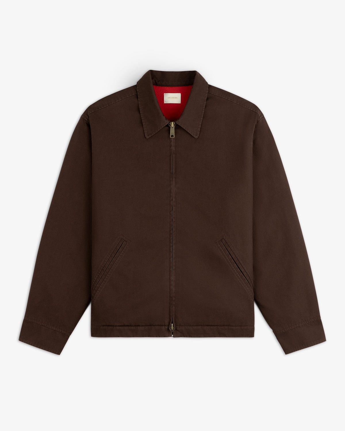 Fleece Lined Mechanic Jacket in dark brown with a front zip and red fleece lining.