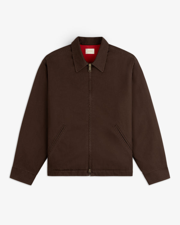 Fleece Lined Mechanic Jacket in dark brown with a front zip and red fleece lining.