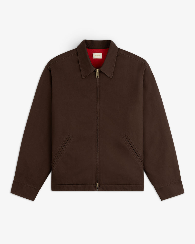 Fleece Lined Mechanic Jacket in dark brown with a front zip and red fleece lining.