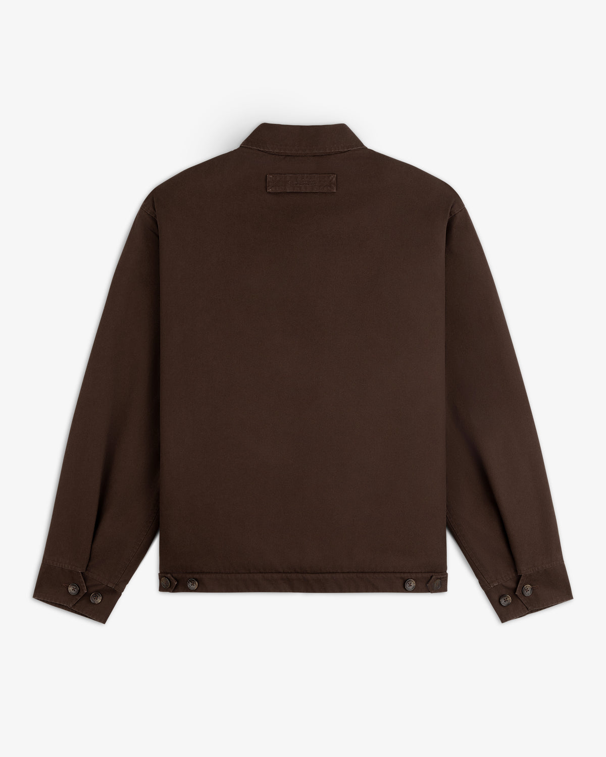 Back view of a brown Fleece Lined Mechanic Jacket with buttoned cuffs and side tabs at the hem.