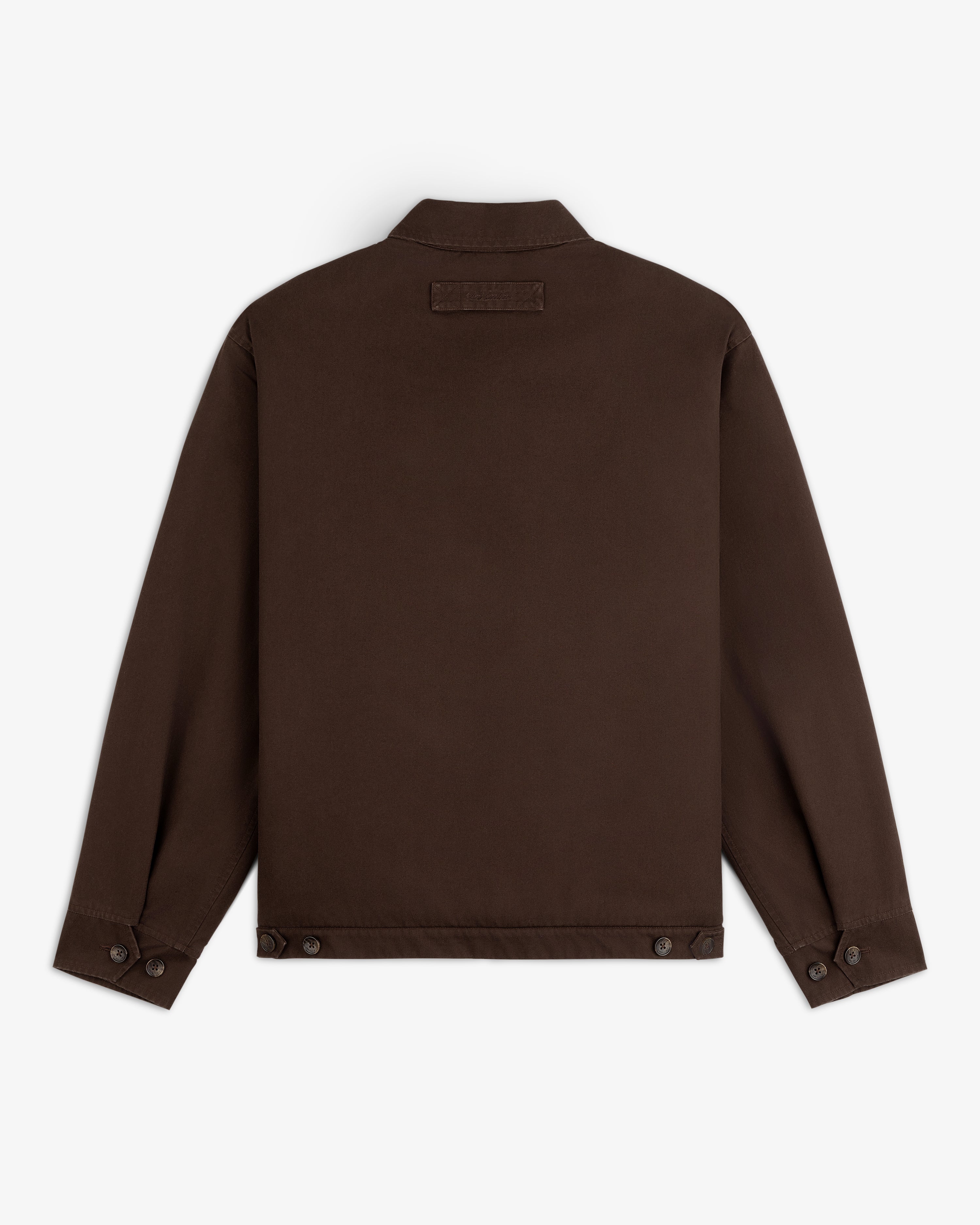 Back view of a brown Fleece Lined Mechanic Jacket with buttoned cuffs and side tabs at the hem.