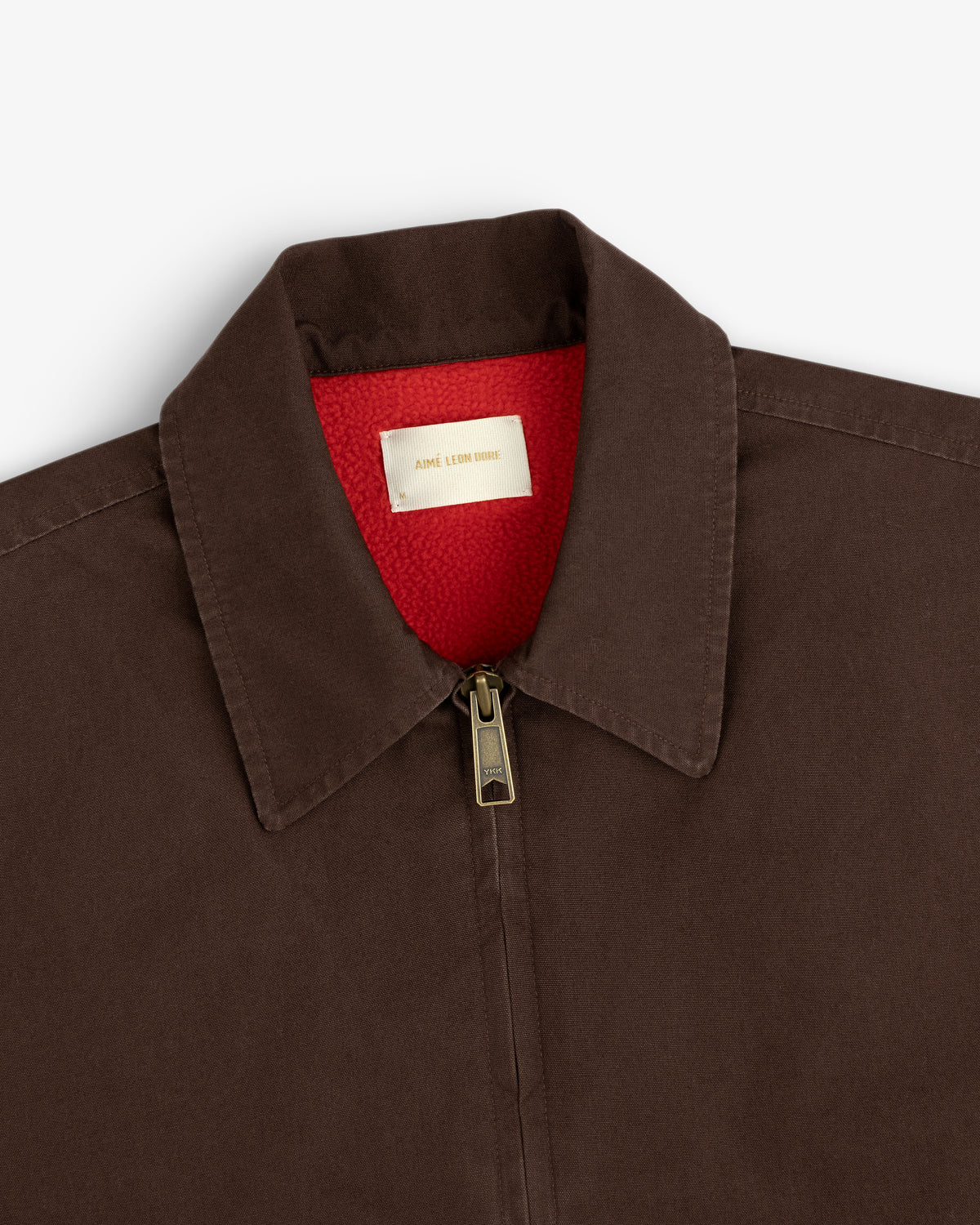 Fleece Lined Mechanic Jacket in dark brown with a bright red fleece lining and a classic collar.