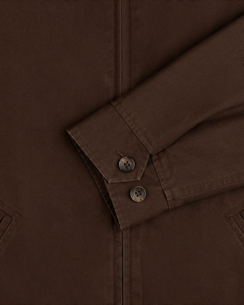 Close-up of a brown Fleece Lined Mechanic Jacket sleeve with two buttons on the cuff.