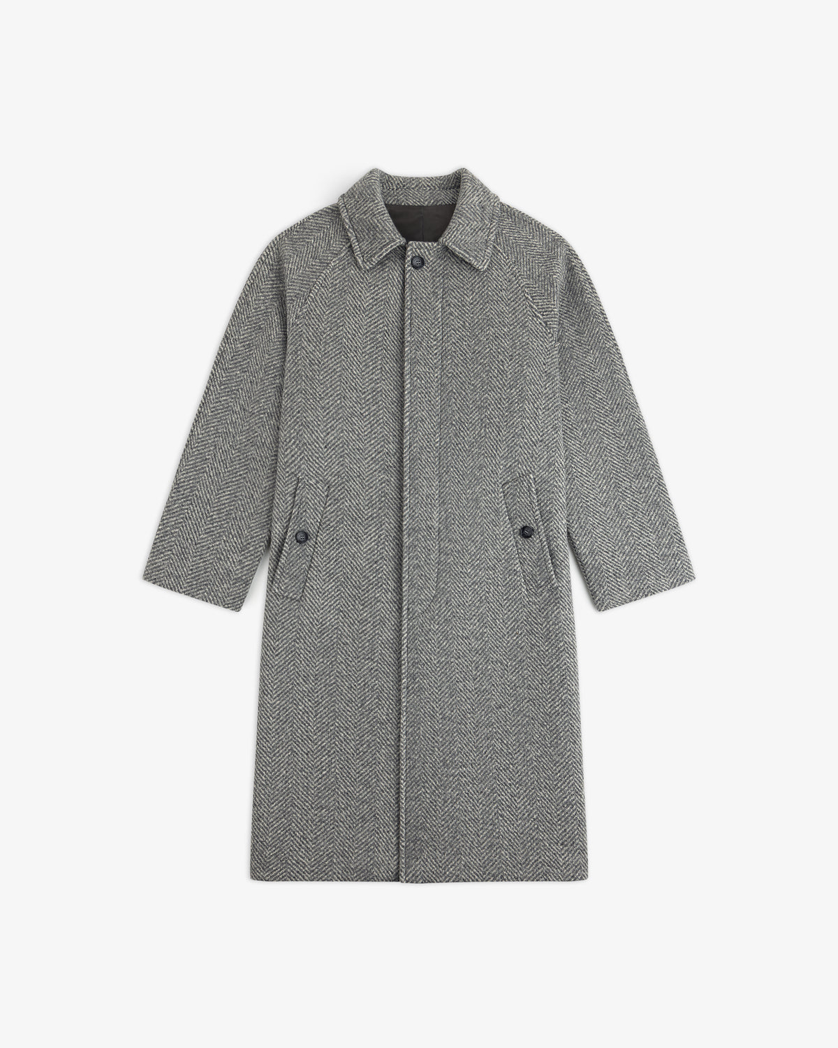 Gray Wool Herringbone Overcoat with a button front and side pockets.