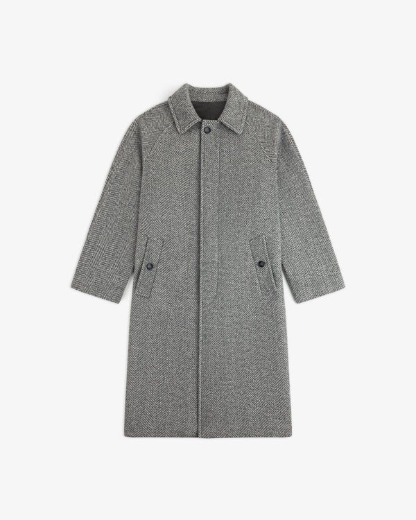 Gray Wool Herringbone Overcoat with a button front and side pockets.