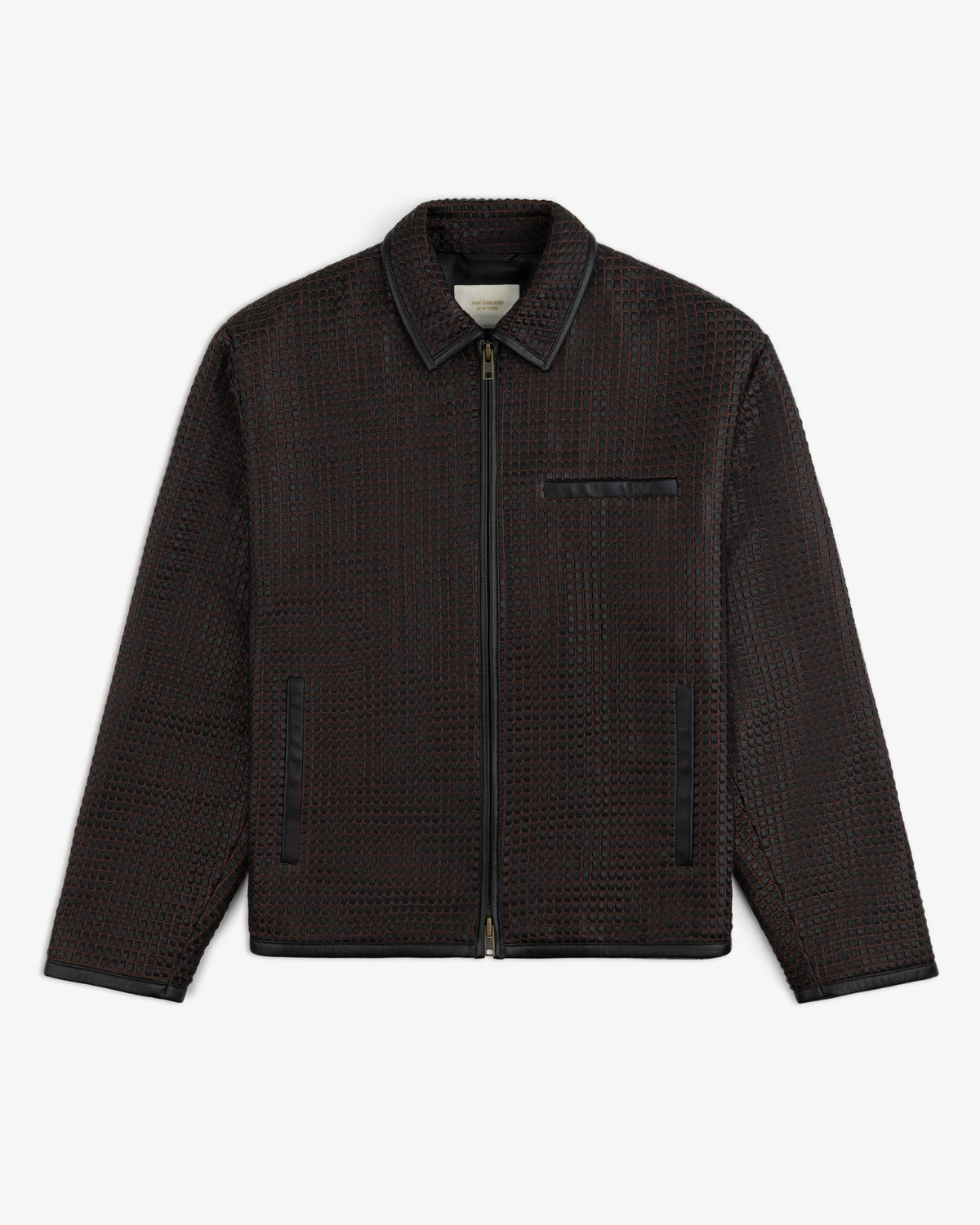 Woven Leather Jacket in dark brown with a woven texture, collar, and smooth black trim.