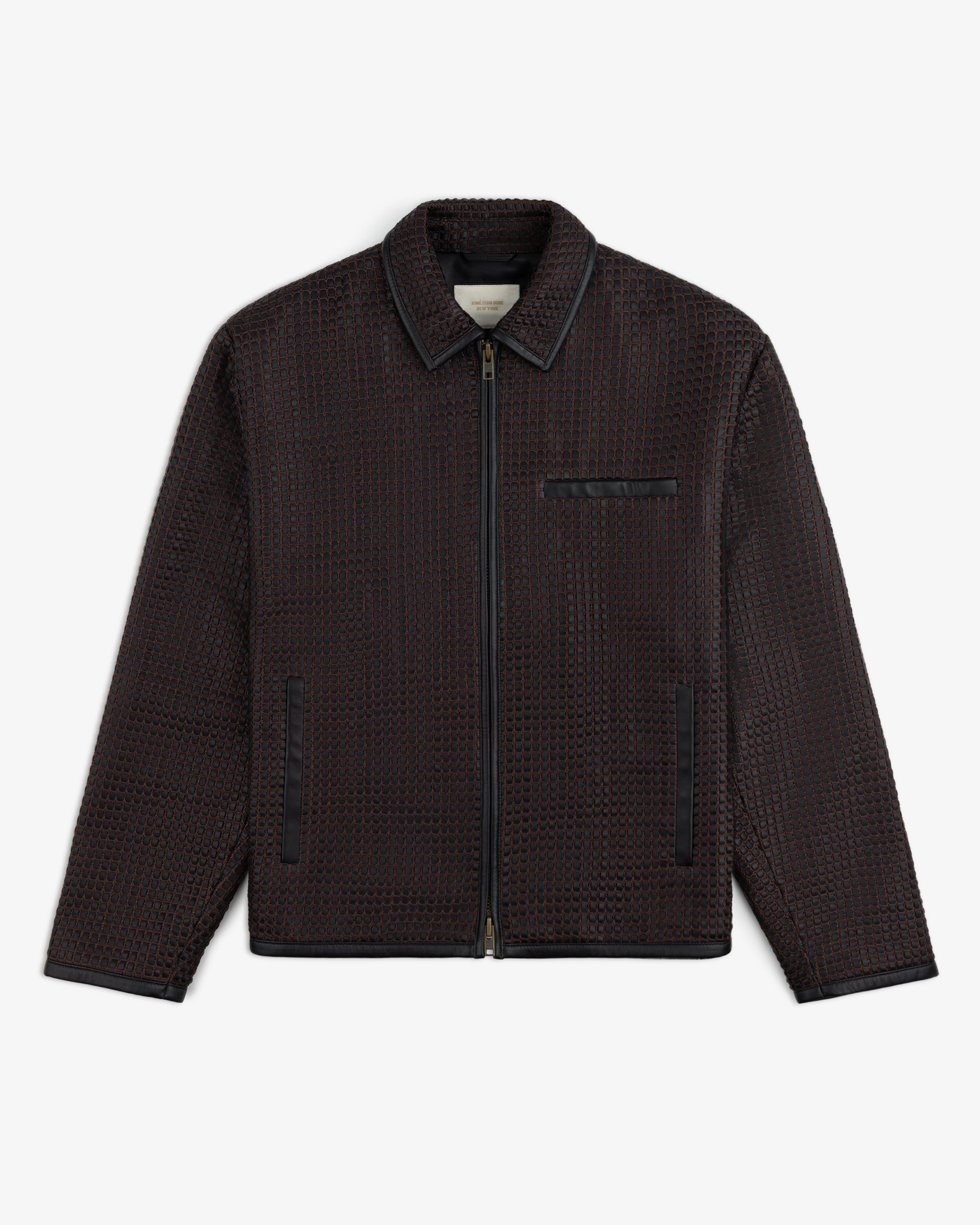 Woven Leather Jacket in dark brown with a woven texture, collar, and smooth black trim.
