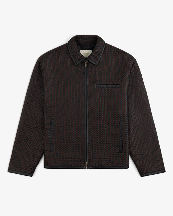Woven Leather Jacket in dark brown with a woven texture, collar, and smooth black trim.
