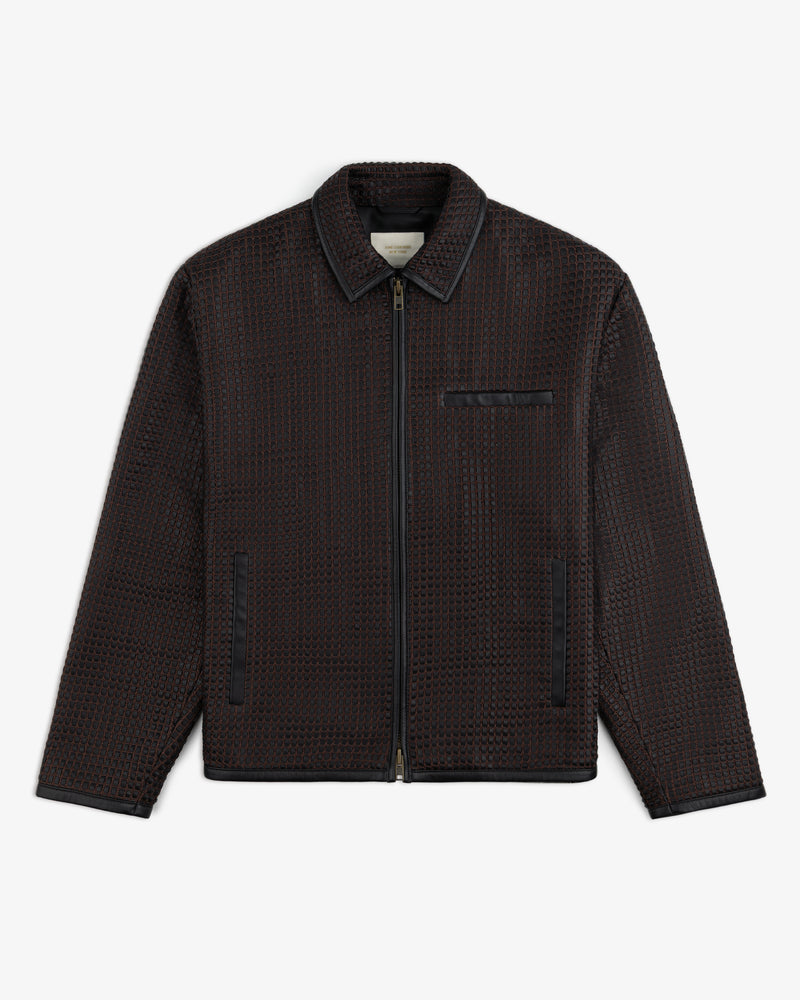 Woven Leather Jacket in dark brown with a woven texture, collar, and smooth black trim.