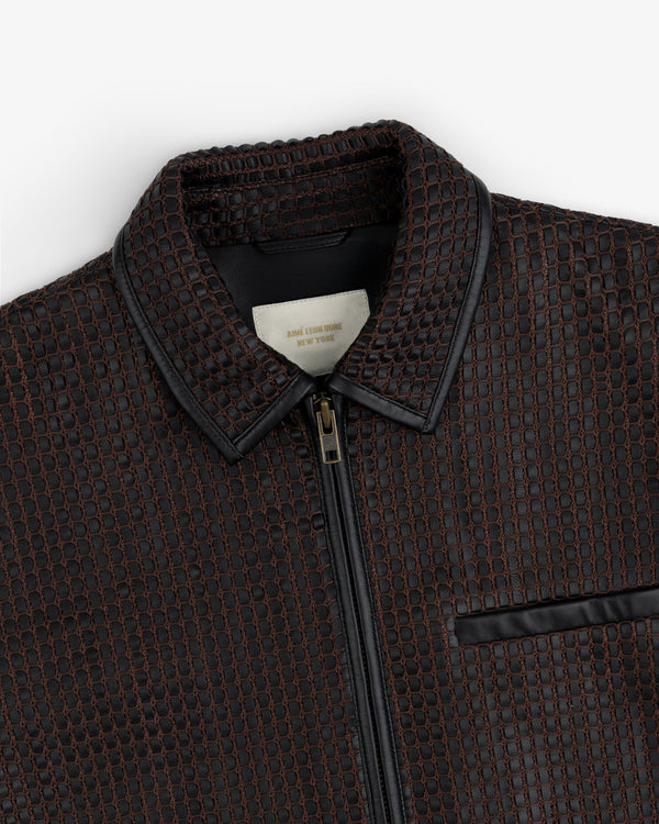 Woven Leather Jacket in a black and brown grid pattern with a zippered front and a leather collar.