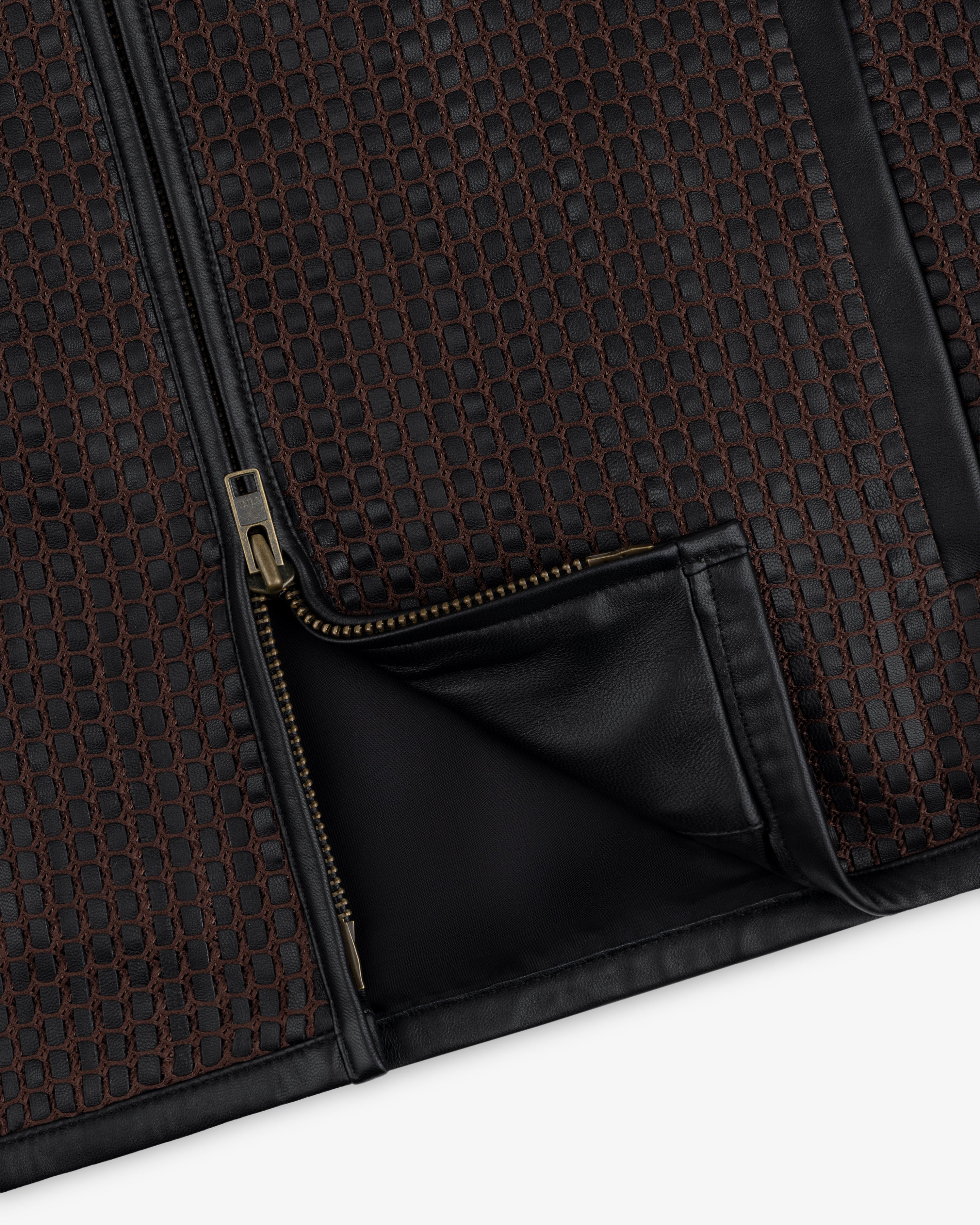 Close-up of a brown Woven Leather Jacket with black leather trim and a partially open zipper.