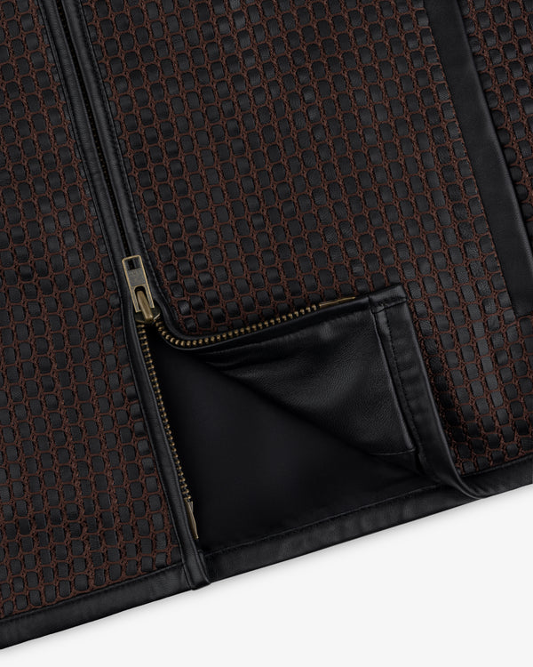 Close-up of a brown Woven Leather Jacket with black leather trim and a partially open zipper.