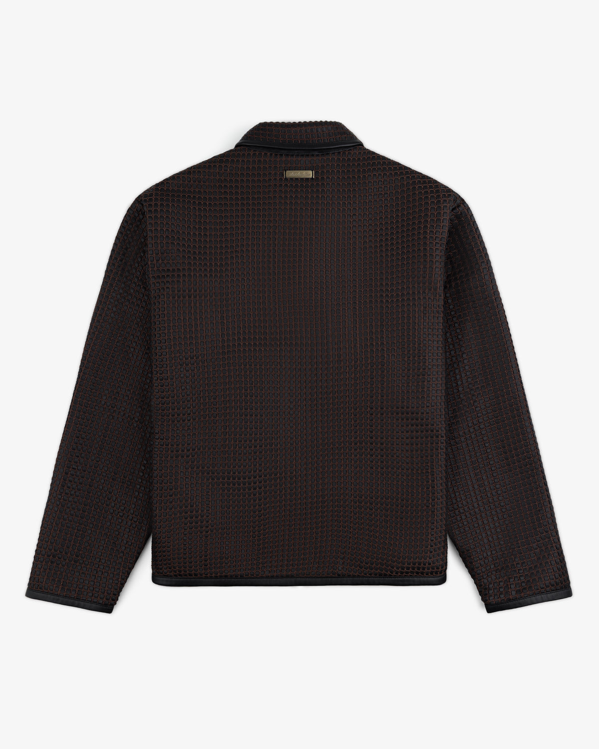 Back view of a Woven Leather Jacket with a dark, textured grid pattern and a metal brand tag at the collar.