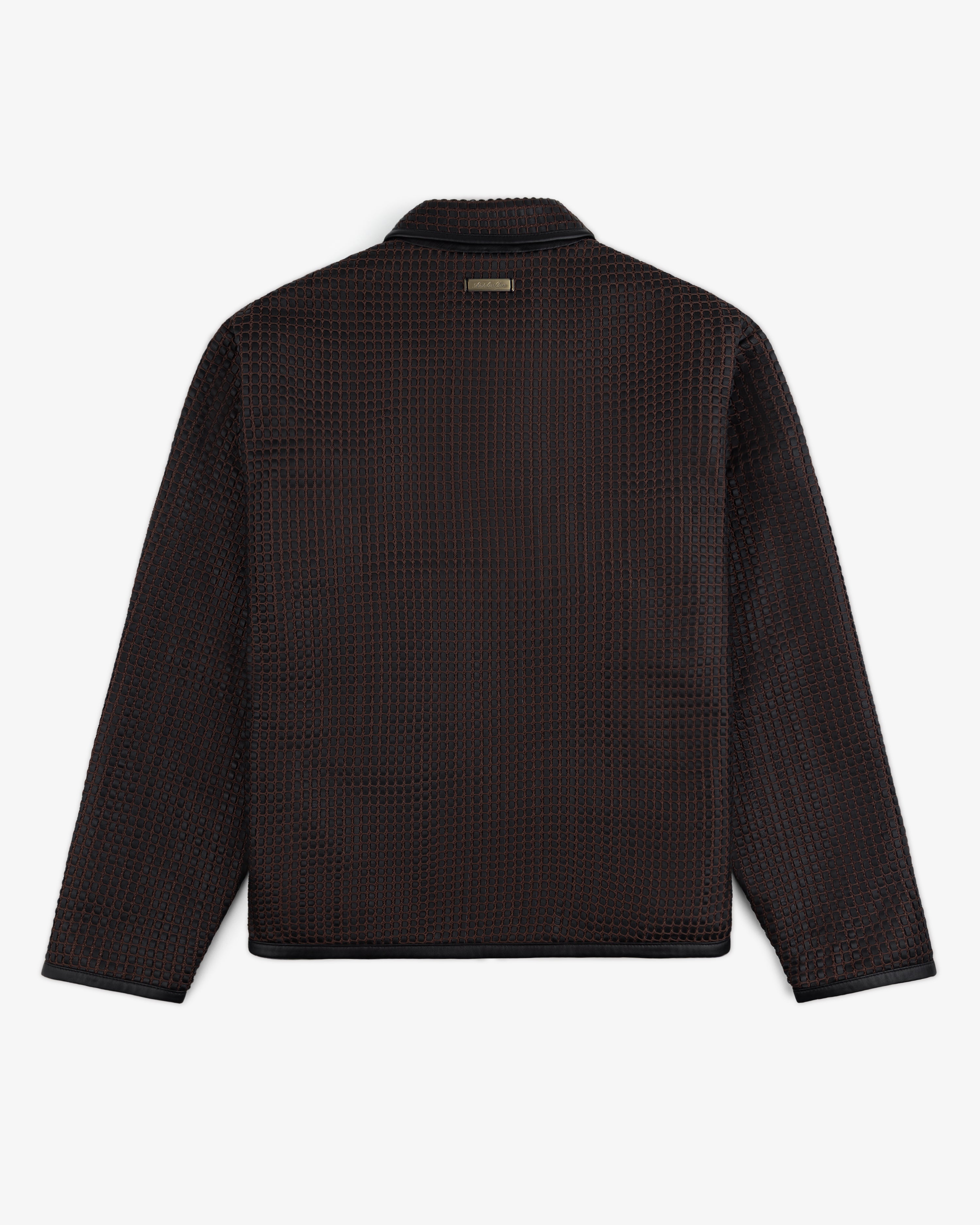 Back view of a Woven Leather Jacket with a dark, textured grid pattern and a metal brand tag at the collar.