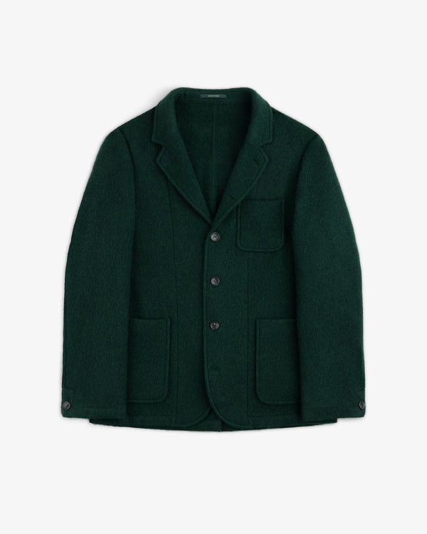 Dark green wool sport coat featuring three buttons, a chest pocket, and two lower patch pockets.