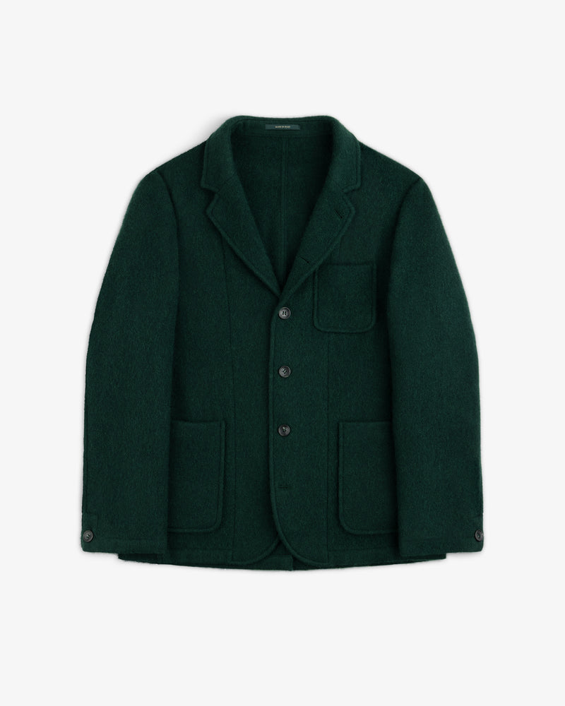 Dark green wool sport coat featuring three buttons, a chest pocket, and two lower patch pockets.