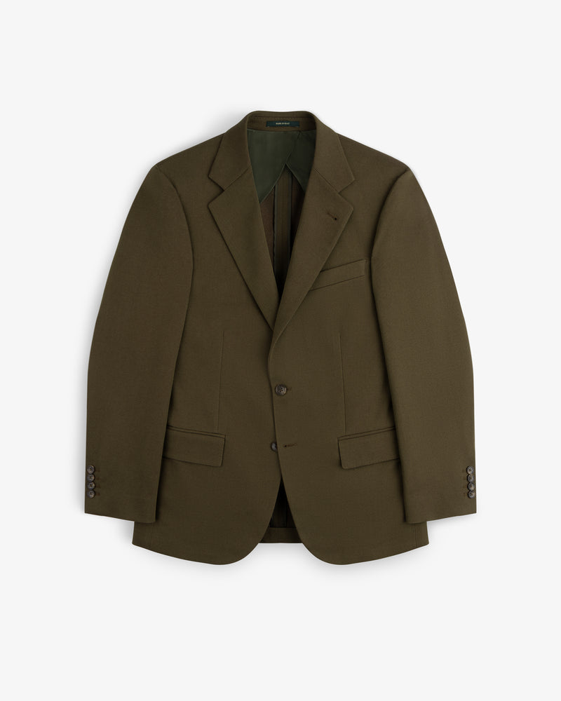 Single-Breasted Wool Blend Suit Jacket in olive green with two front buttons and notched lapels.