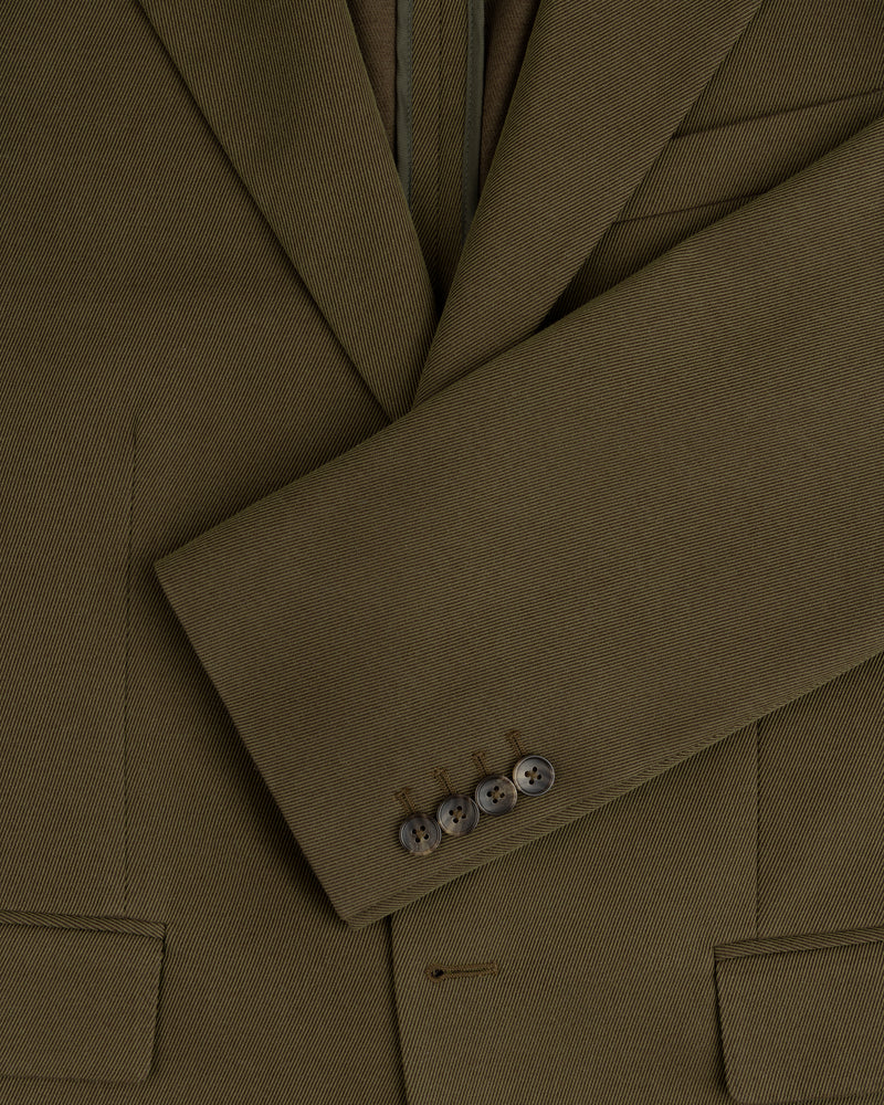 Olive green Single-Breasted Wool Blend Suit Jacket with four buttons on the cuff.