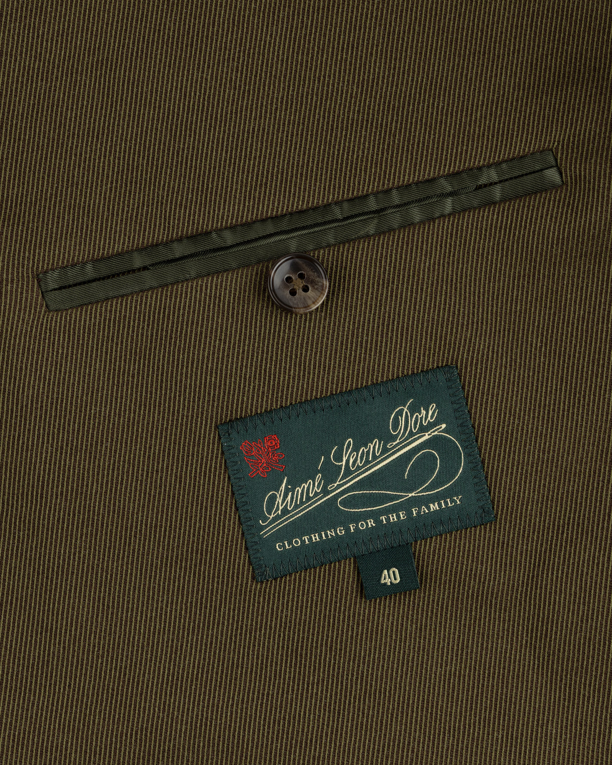 Olive green Single-Breasted Wool Blend Suit Jacket with a welt pocket, single button, and a size 40 brand label.