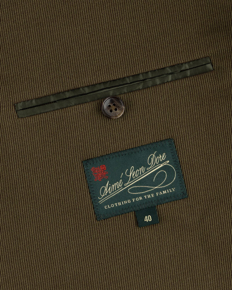 Olive green Single-Breasted Wool Blend Suit Jacket with a welt pocket, single button, and a size 40 brand label.
