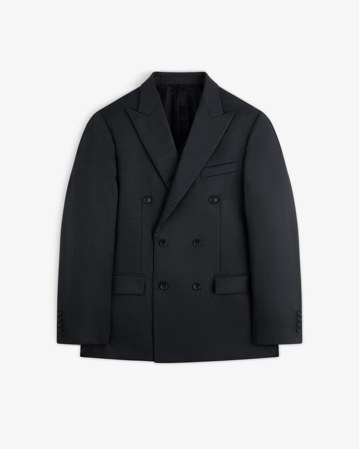 Double-Breasted Wool Jacquard Suit Jacket in black with peaked lapels and a six-button closure.