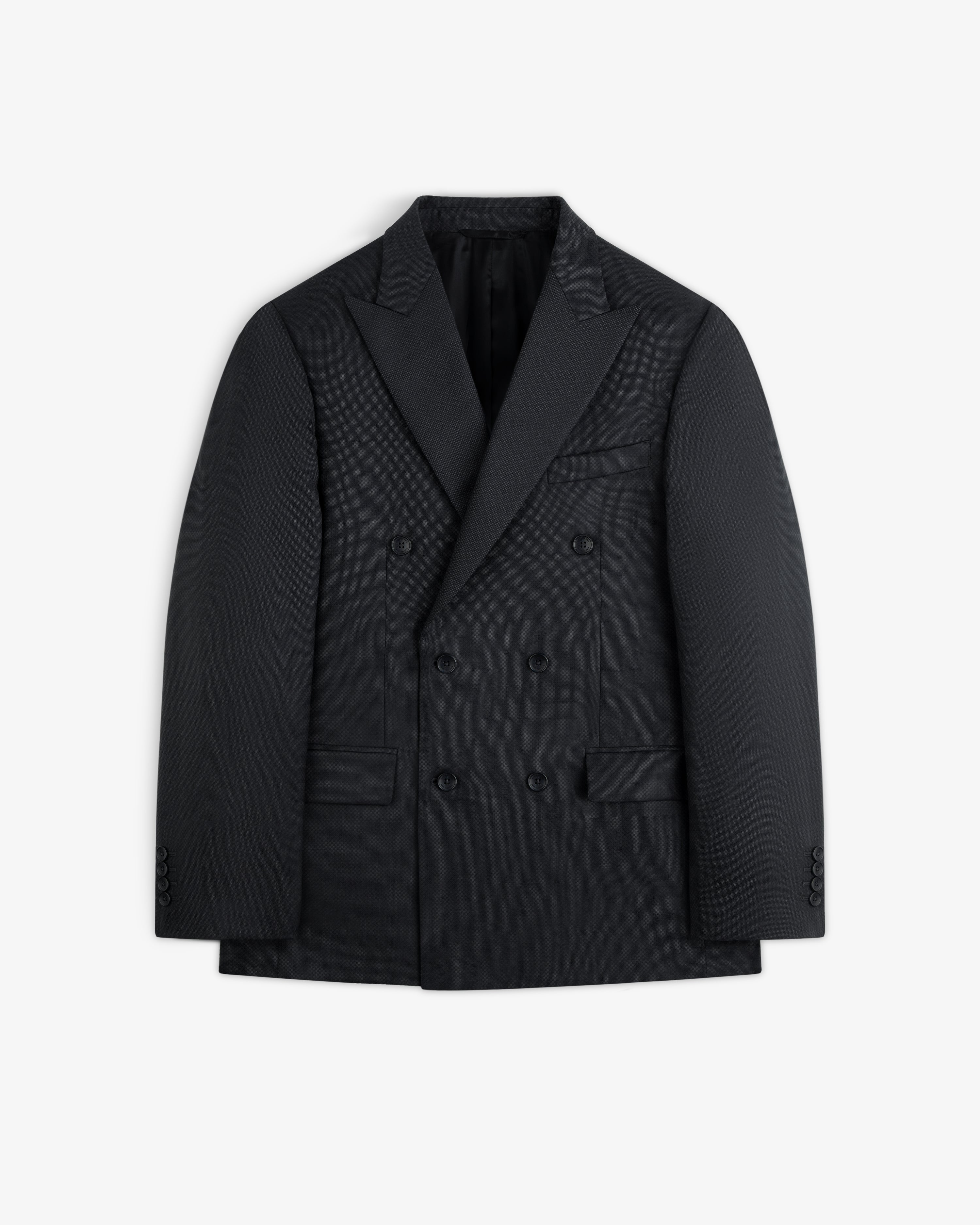 Double-Breasted Wool Jacquard Suit Jacket in black with peaked lapels and a six-button closure.