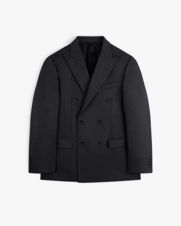 Double-Breasted Wool Jacquard Suit Jacket in black with peaked lapels and a six-button closure.