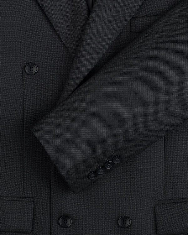 Close-up of a charcoal gray Double-Breasted Wool Jacquard Suit Jacket with button cuffs.