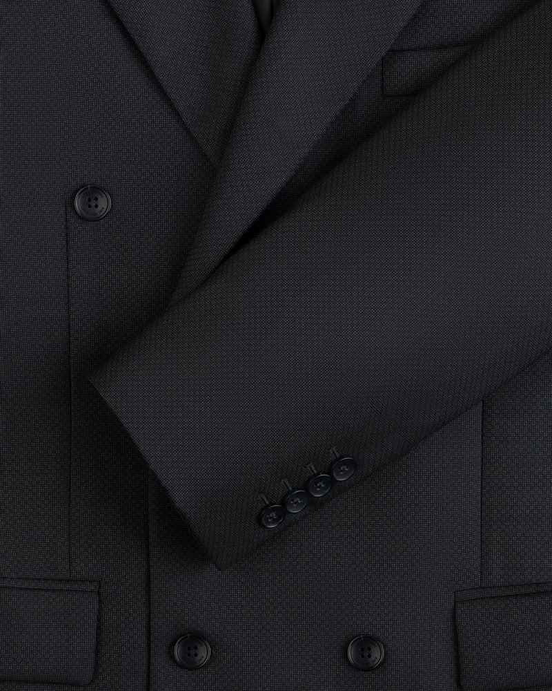 Close-up of a charcoal gray Double-Breasted Wool Jacquard Suit Jacket with button cuffs.