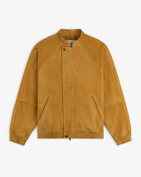 Suede Cafe Racer Jacket in tan with a concealed zipper, side pockets, and stand collar, shown on a white background.