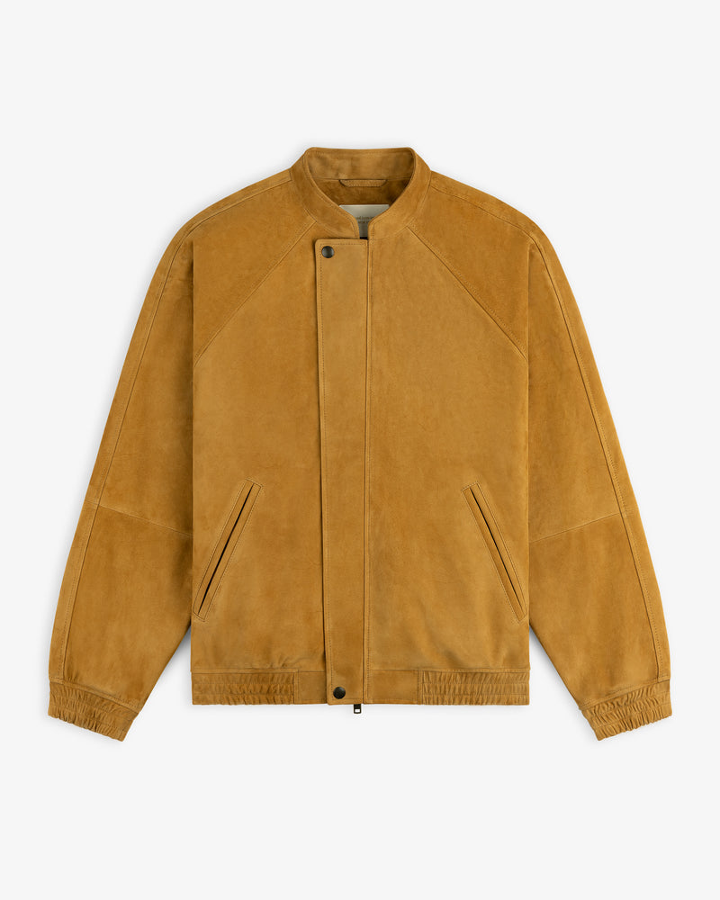 Suede Cafe Racer Jacket in tan with a concealed zipper, side pockets, and stand collar, shown on a white background.