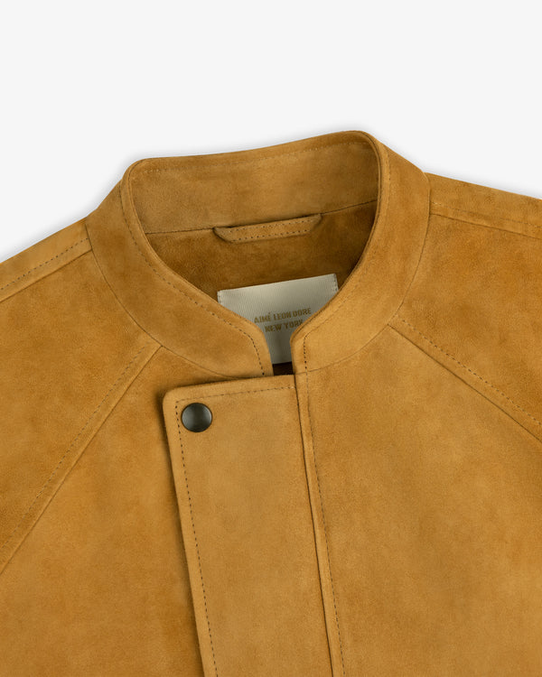 Suede Cafe Racer Jacket in tan with snap button collar and visible stitching, displayed on a white background.