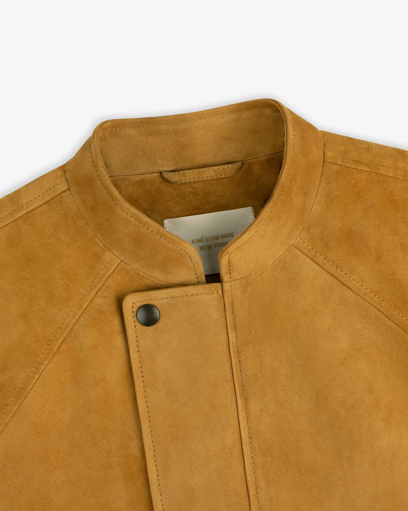 Suede Cafe Racer Jacket in tan with snap button collar and visible stitching, displayed on a white background.
