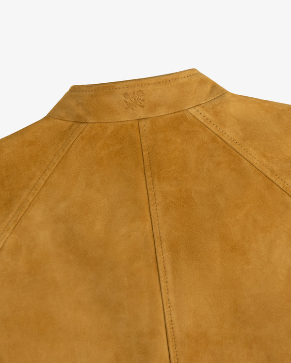 Close-up of Suede Cafe Racer Jacket’s back, featuring stitching details and an embossed logo near the collar.